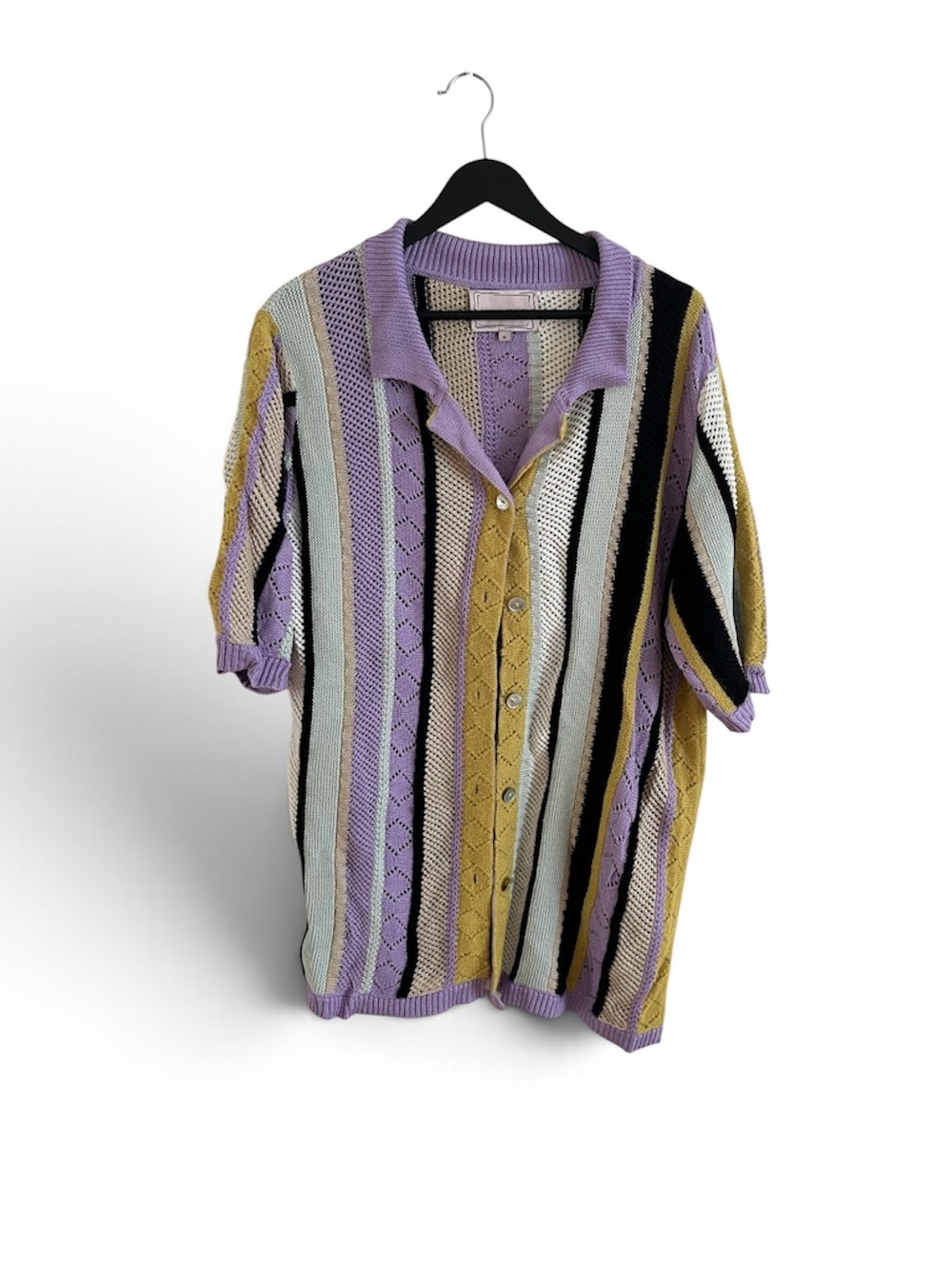 Striped Open-Knit Polo Cardigan Sweater - Lavender, Mustard & Black